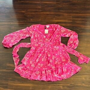 Jopra Pink Floral Long Sleeve Ruffle Skirt Above Knee Dress (XL)